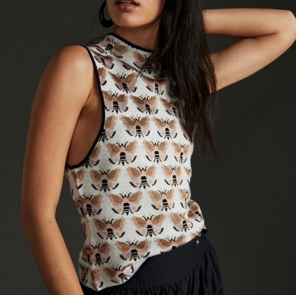 Anthropologie White and Brown Patterned Sleeveless Top